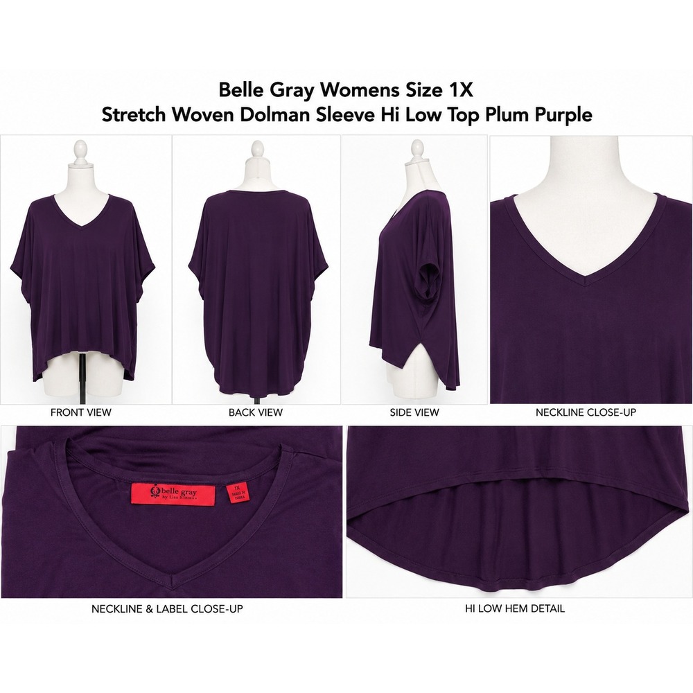 Belle Gray by Lisa Rinna Womens 1X Plum Purple Dolman Sleeve Hi Low‎ Top A253215